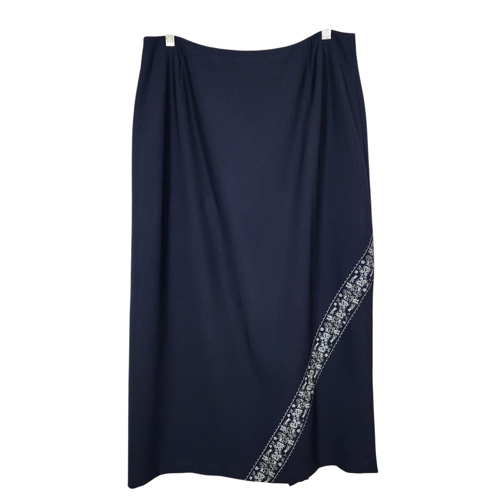 CASUAL CORNER Size 14 Vintage Blue Floral Embroidered Bandless Maxi Skirt Office